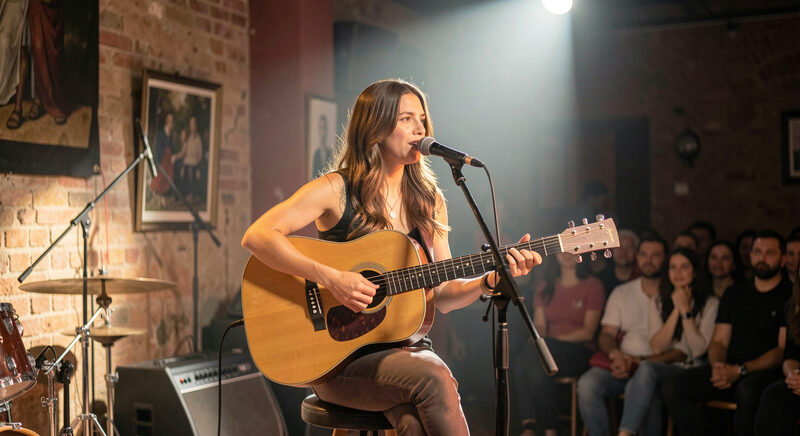 A female folk singer with an acoustic guitar in a candlelit club before an intimate seated audience.