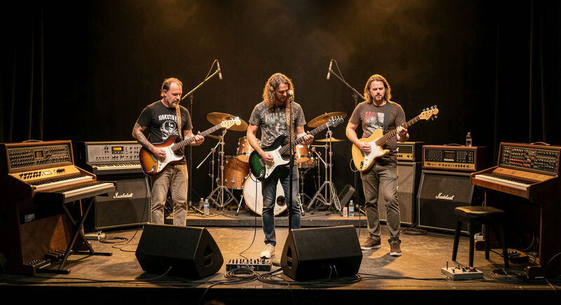 A five-piece post rock band performing under film projections in a dark seated cinema club.