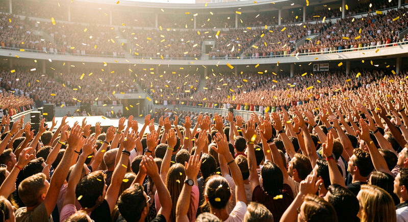 A vast indoor arena crowd at night with bright stage lights and raised hands at a benefit concert.