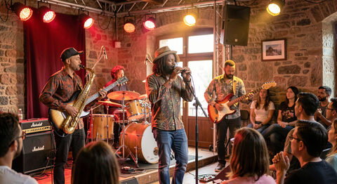 A reggae sound system speaker stack outdoors at dusk with string lights and a small dancing crowd in a southern Italian courtyard.