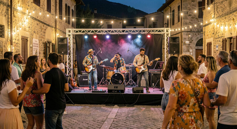 A band on an outdoor stage in southern Italy at sunset with brass and percussion instruments and a festival crowd.