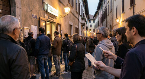 Hands exchanging paper concert tickets at a small box office window under string lights at night.